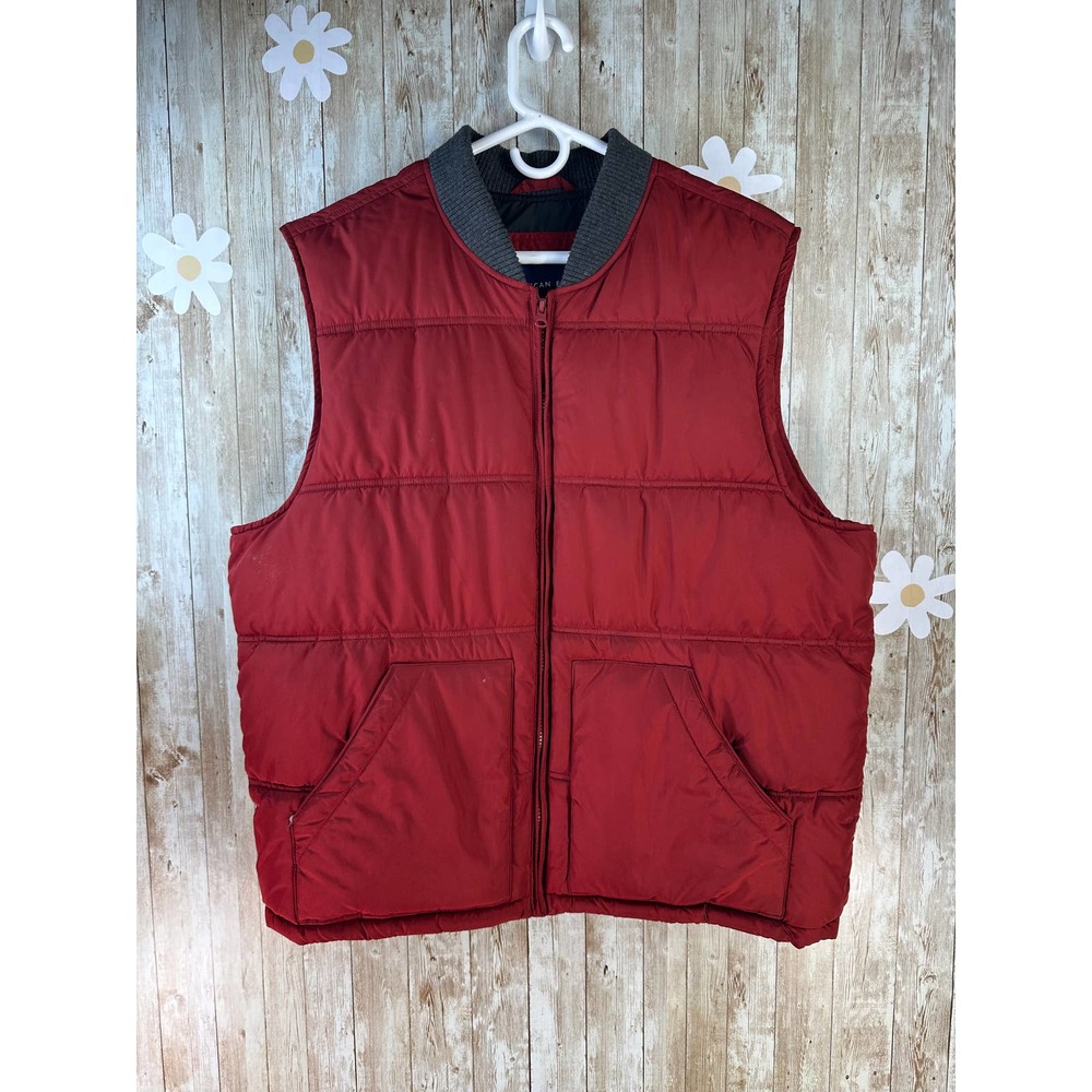 American Eagle Outfitters Mens Puffer Vest XL Red Gray Rib Trim Full Zip Outwear